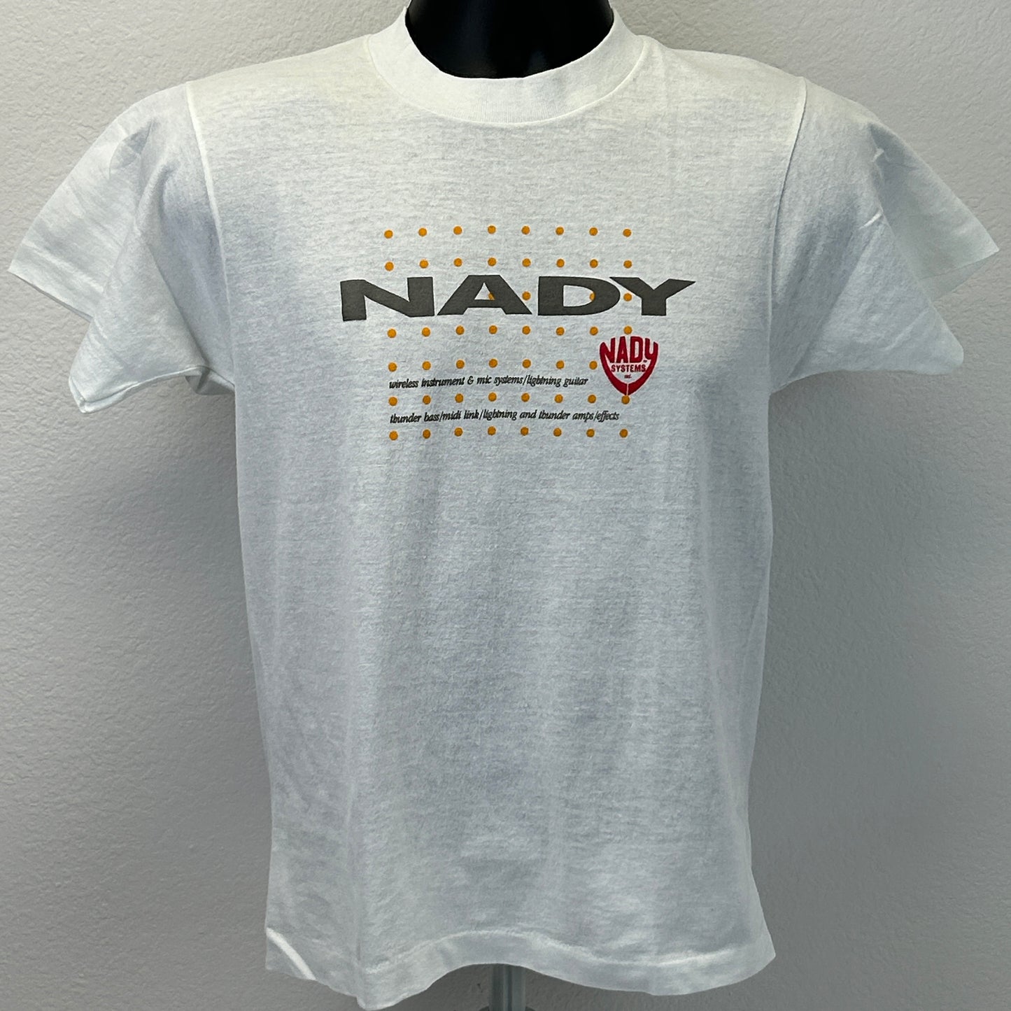 Camiseta vintage NADY Systems con amplificador de bajo y micrófono, años 80, para hombre, color blanco