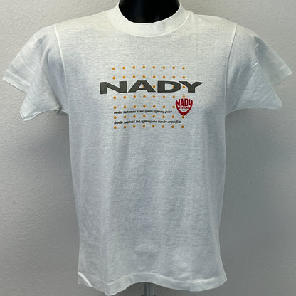 Camiseta vintage NADY Systems con amplificador de bajo y micrófono, años 80, para hombre, color blanco