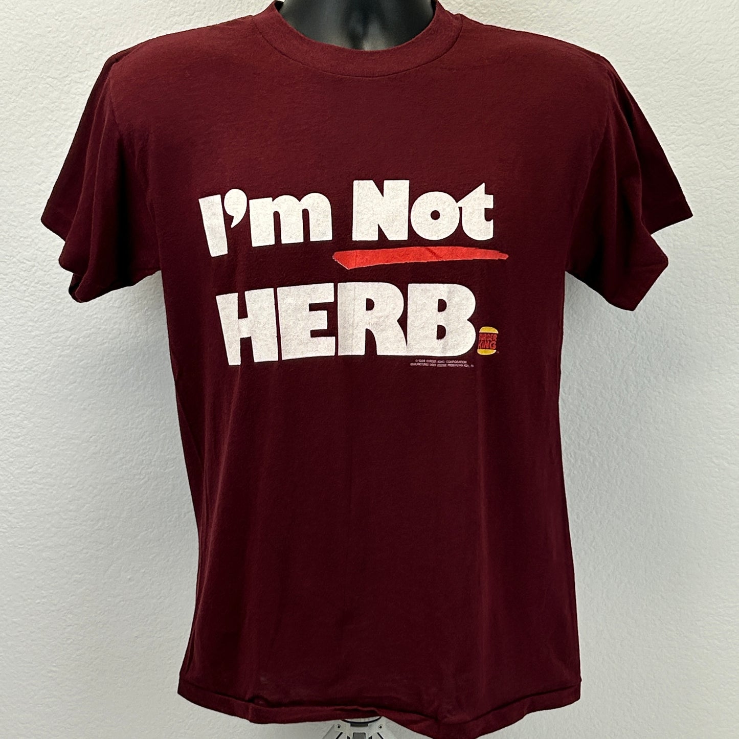 Camiseta vintage de Burger King I'm Not Herb, años 80, concurso Where's Herb, para hombre, color rojo