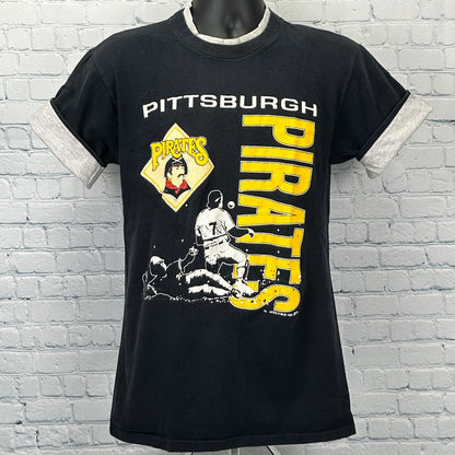 Vintage 90s Pittsburgh Pirates T Shirt MLB Baseball Flip Cuffs Black M Medium - Neon Vintage