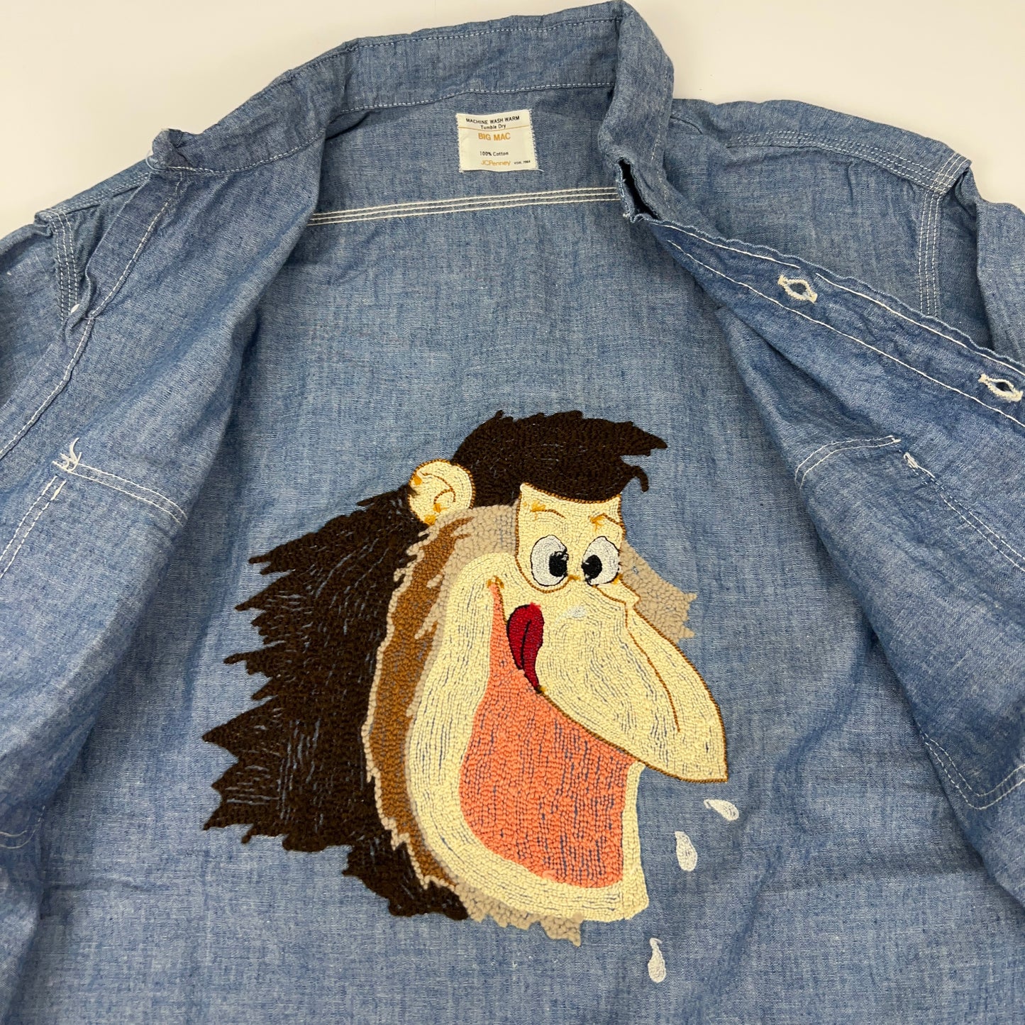 Vintage 70s Orangutan Button Front Shirt Denim Chambray Chenille Blue XL X-Large