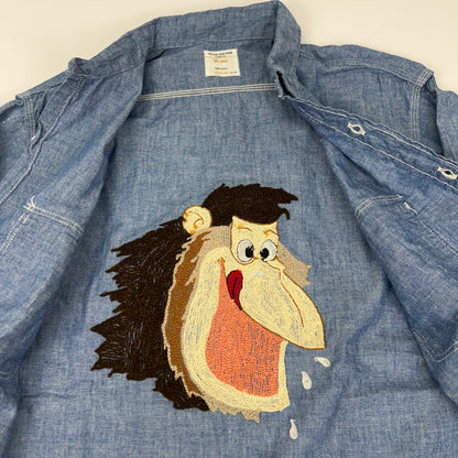 Vintage 70s Orangutan Button Front Shirt Denim Chambray Chenille Blue XL X-Large