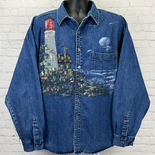 Vintage 90s Lighthouse Denim Button Front Shirt XL X-Large Hand Painted Blue - Neon Vintage