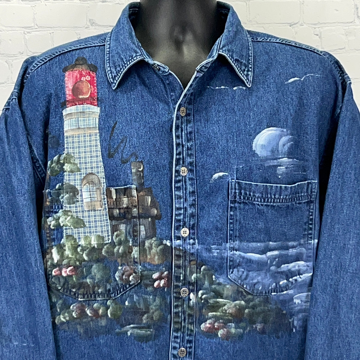 Vintage 90s Lighthouse Denim Button Front Shirt XL X-Large Hand Painted Blue - Neon Vintage