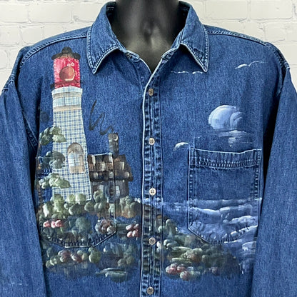 Vintage 90s Lighthouse Denim Button Front Shirt XL X-Large Hand Painted Blue - Neon Vintage