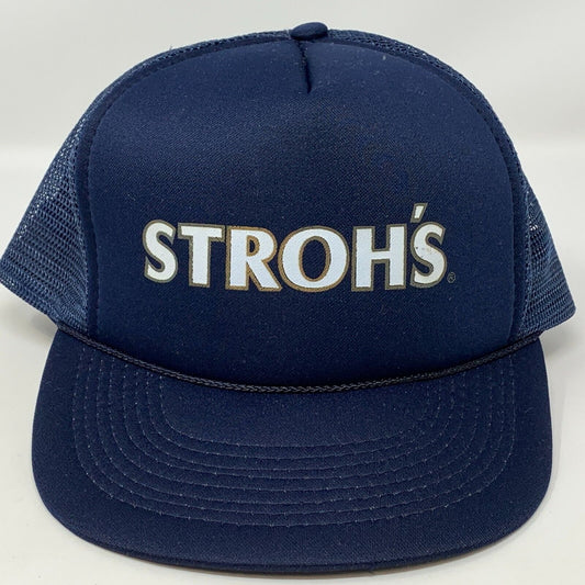 Vintage 80s 90s Strohs Beer Trucker Hat Baseball Cap Brewery Blue Mesh Snapback