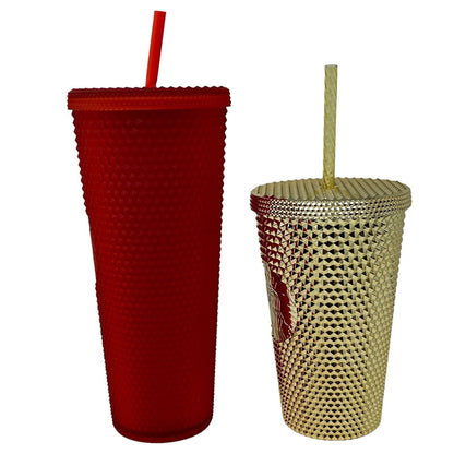 Lot of 2 Starbucks Holiday Studded Tumblers 2021 24 oz Matte Red 2022 16 oz Gold