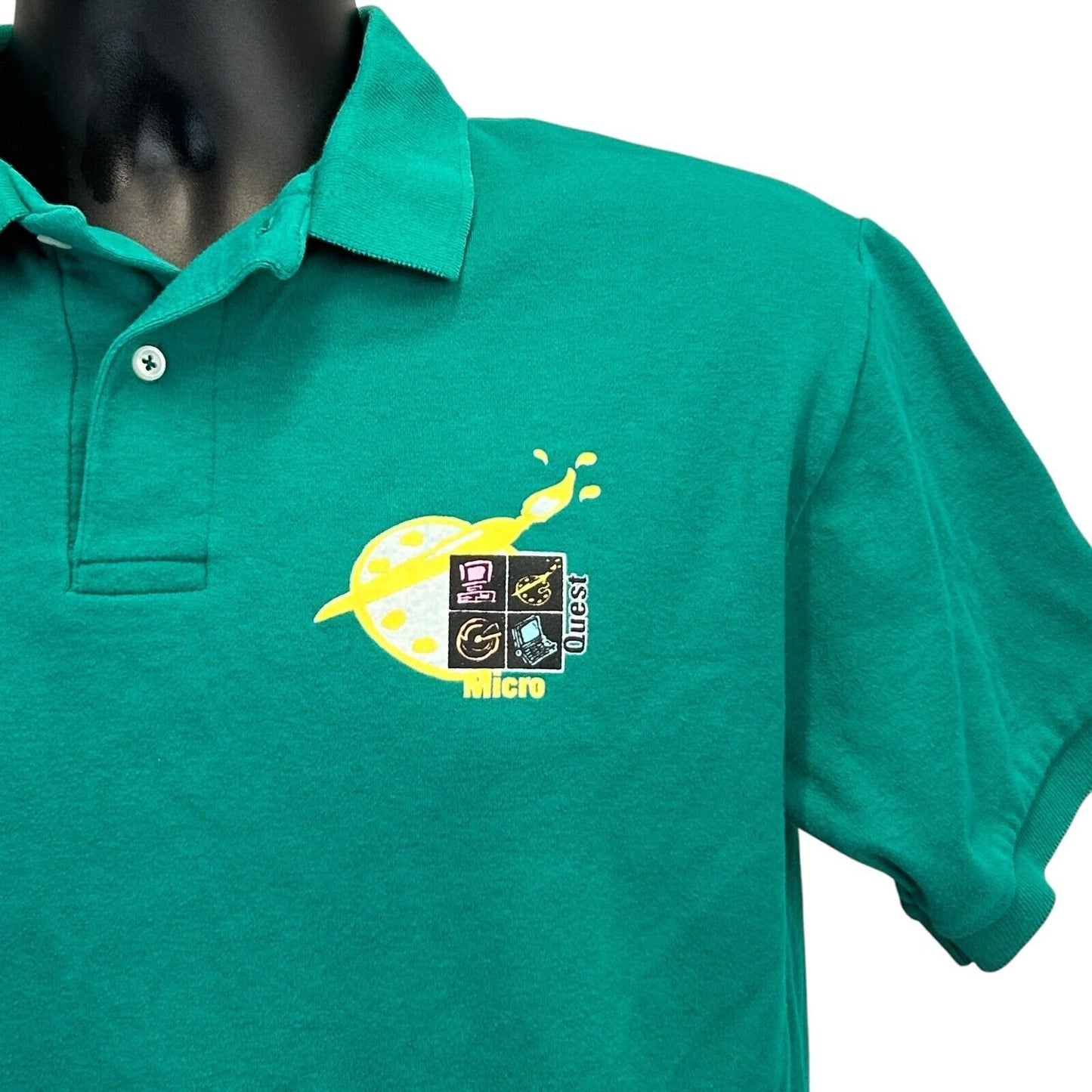 Vintage Micro Quest Polo Shirt Mens Medium Painting Art Computer Software Green