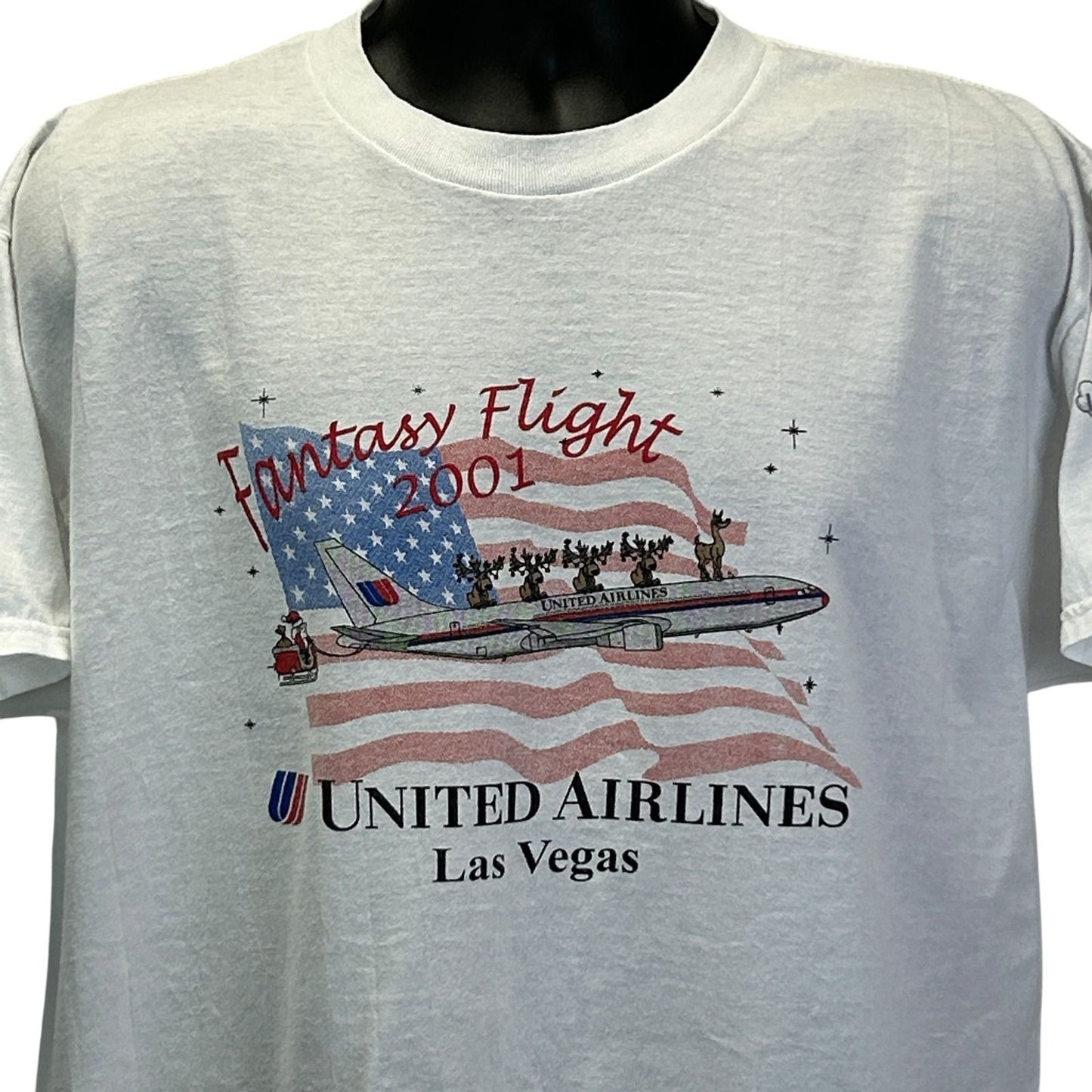 Vintage United Airlines Las Vegas Christmas T Shirt Mens X-Large Santa Tee White