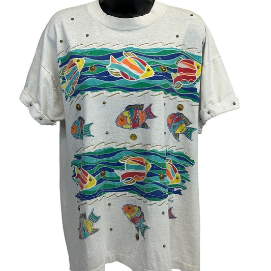 Vintage Tropical Fish T Shirt Unisex XL X-Large Bedazzled Studded 90s Tee White