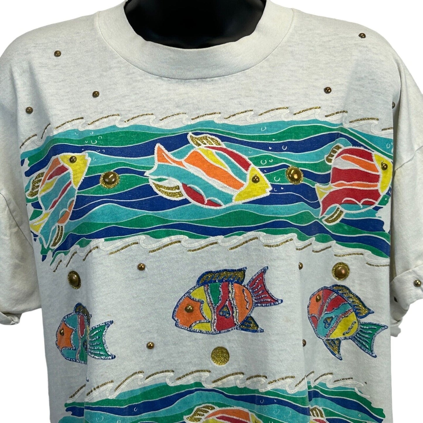 Vintage Tropical Fish T Shirt Unisex XL X-Large Bedazzled Studded 90s Tee White