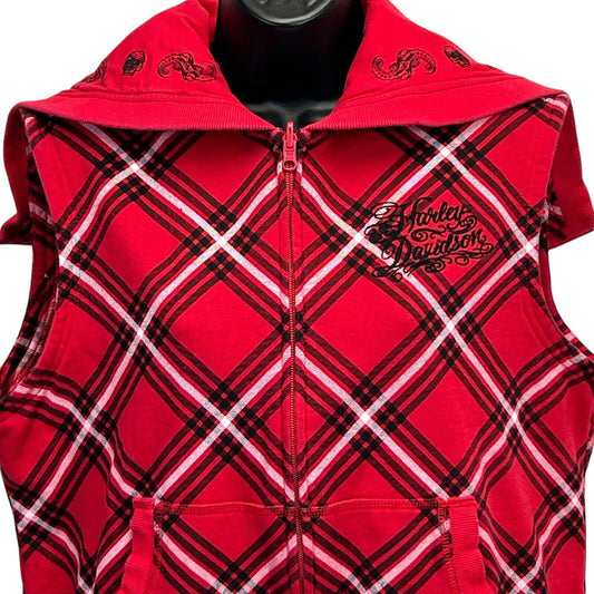 Harley Davidson Sleeveless Hoodie Womens X-Large Biker HD Motorcycles Plaid Red