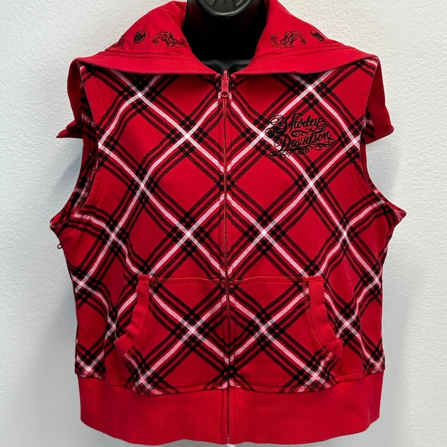 Harley Davidson Sleeveless Hoodie Womens X-Large Biker HD Motorcycles Plaid Red