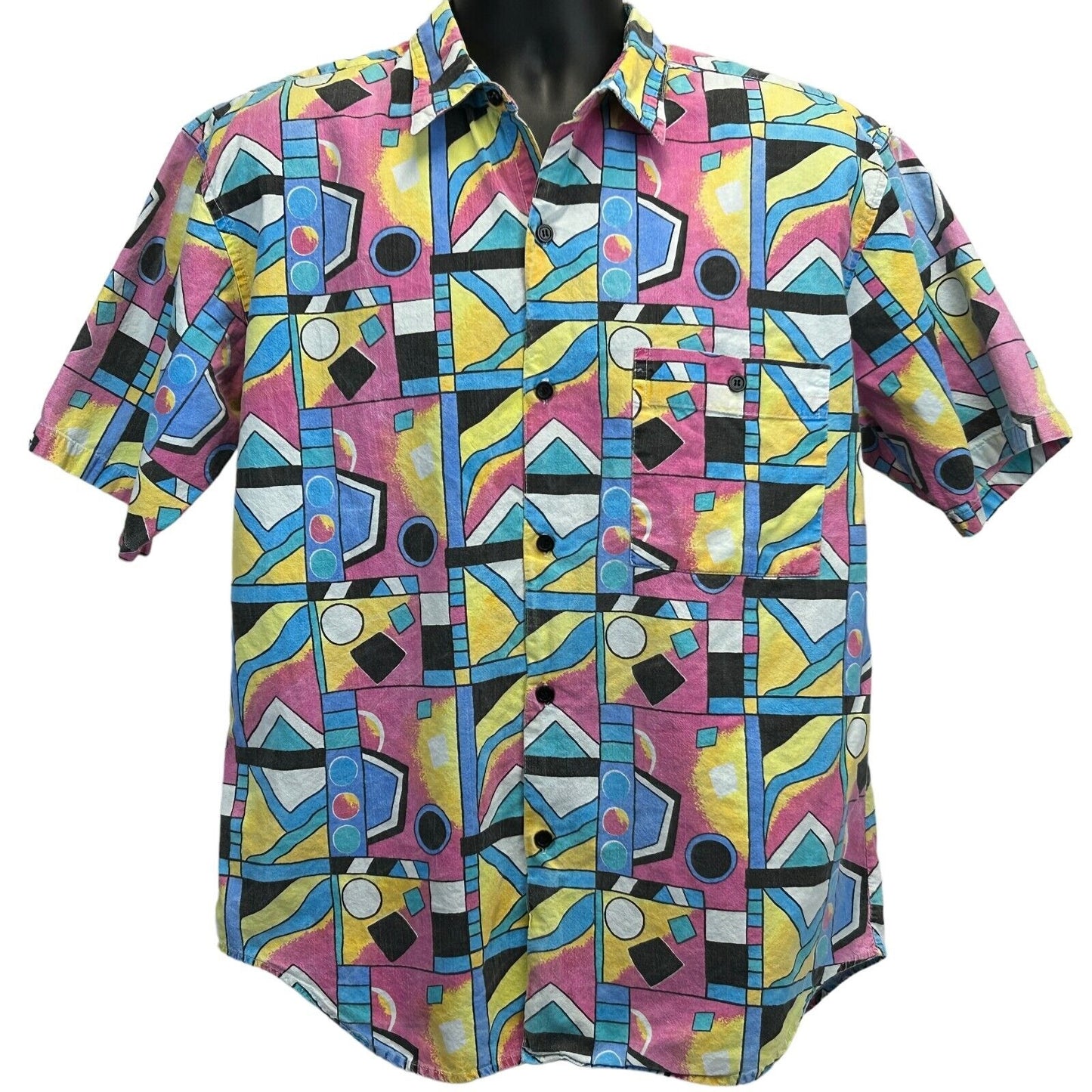 Vintage 90s Geometric Button Front Shirt Mens Medium Skater Surfer Surfing Pink