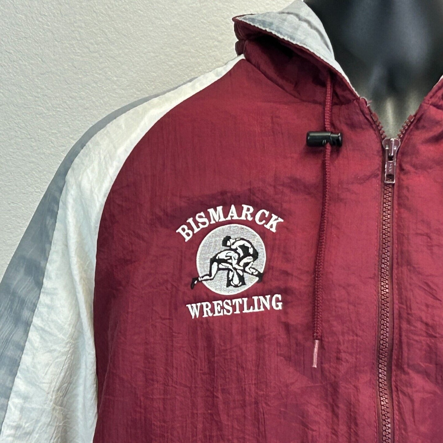 Vintage Demon Wrestling Puffy Jacket Mens Large Hooded Bismarck High School Red