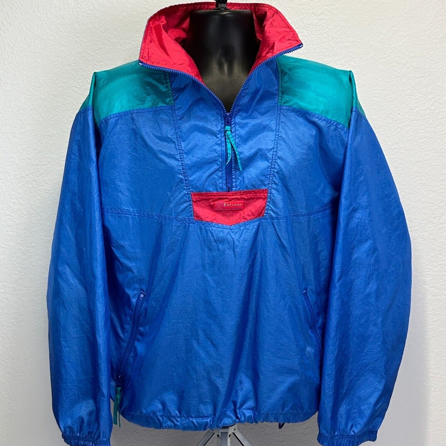 Vintage 90s Windbreaker Jacket Mens Medium 1/4 Zip Pullover Pockets Extreme Blue