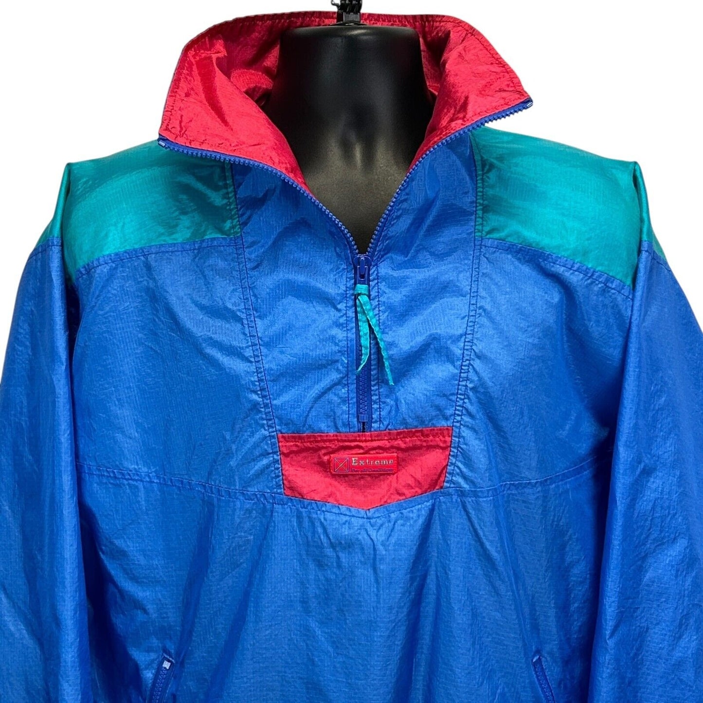 Vintage 90s Windbreaker Jacket Mens Medium 1/4 Zip Pullover Pockets Extreme Blue