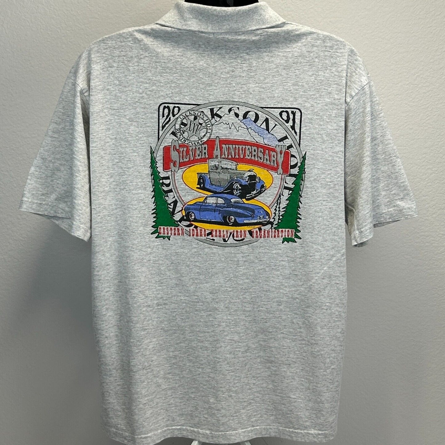 Vintage Jackson Hole Rendezvous Polo Shirt Mens Large Classic Car Show 2001 Gray