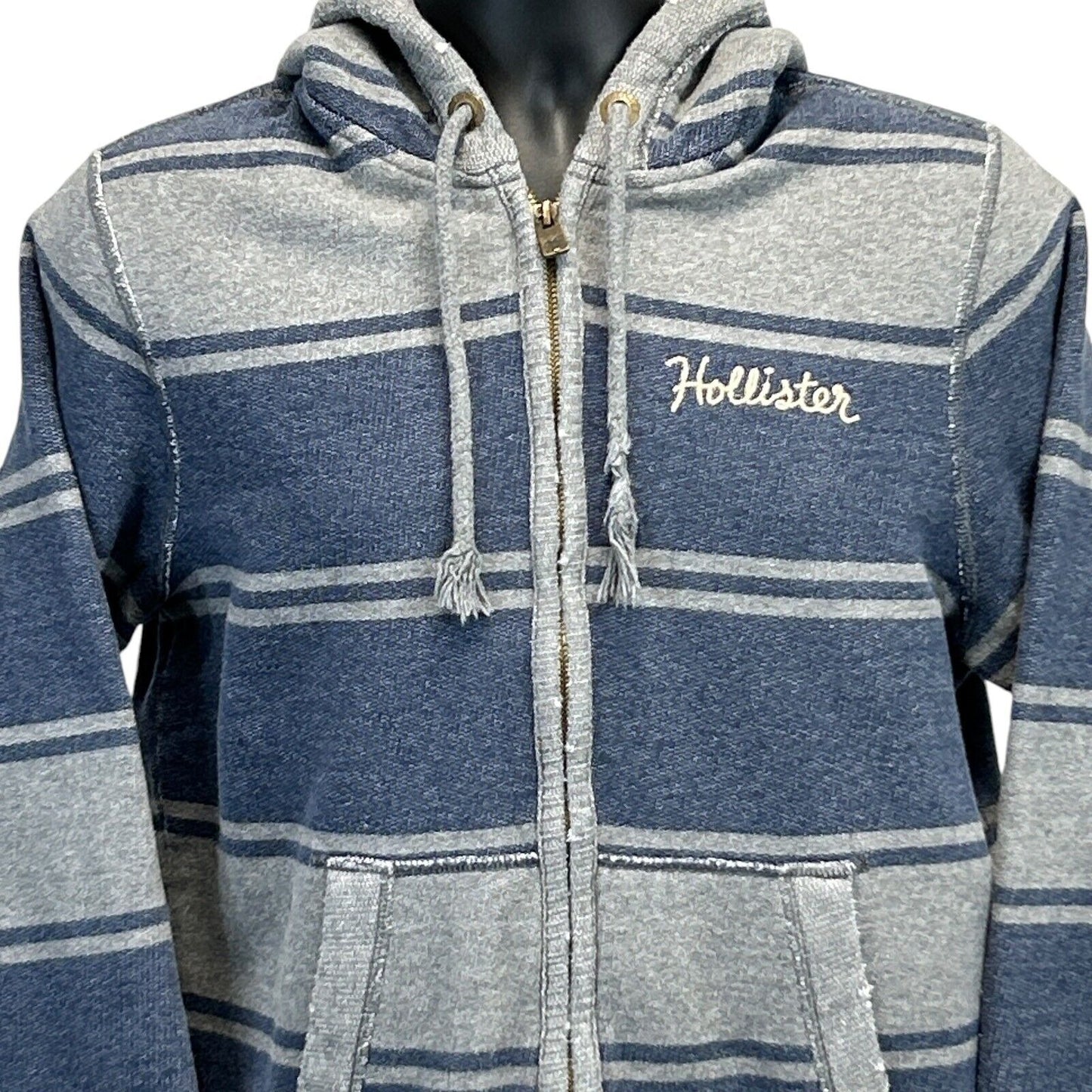 Hollister 条纹连帽衫 男式 中号 做旧 做旧 连帽 全拉链 灰色