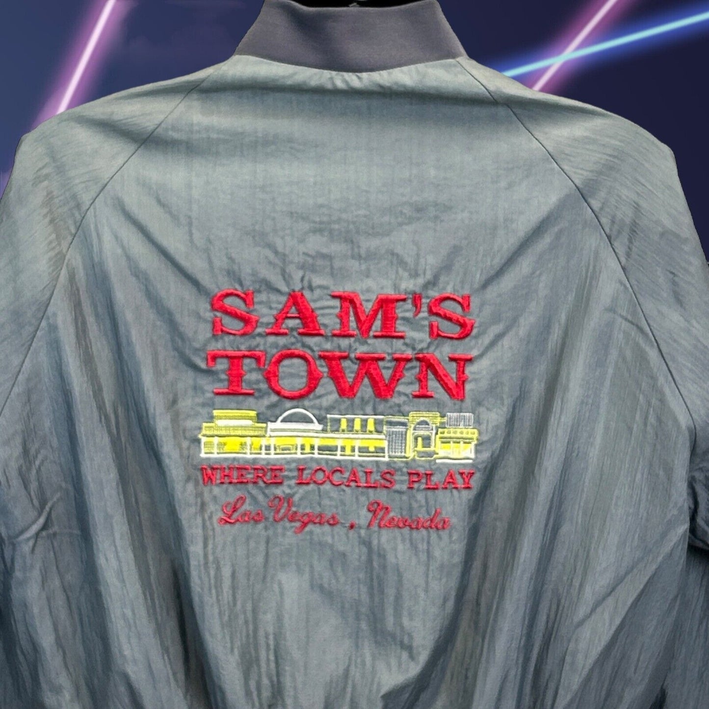 Vintage Sams Town Casino Satin Bomber Jacket Mens Medium Las Vegas Gambling Gray