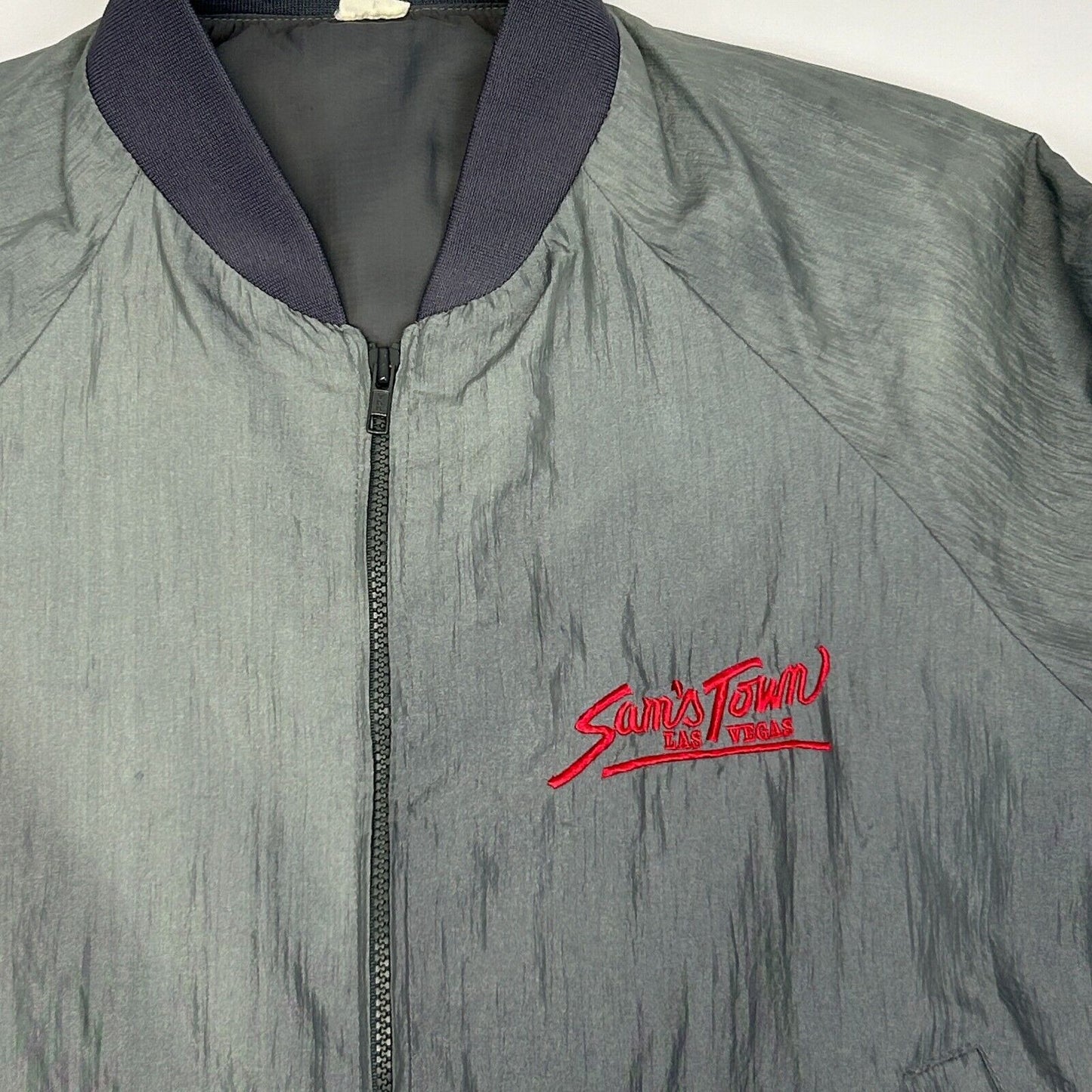 Vintage Sams Town Casino Satin Bomber Jacket Mens Medium Las Vegas Gambling Gray