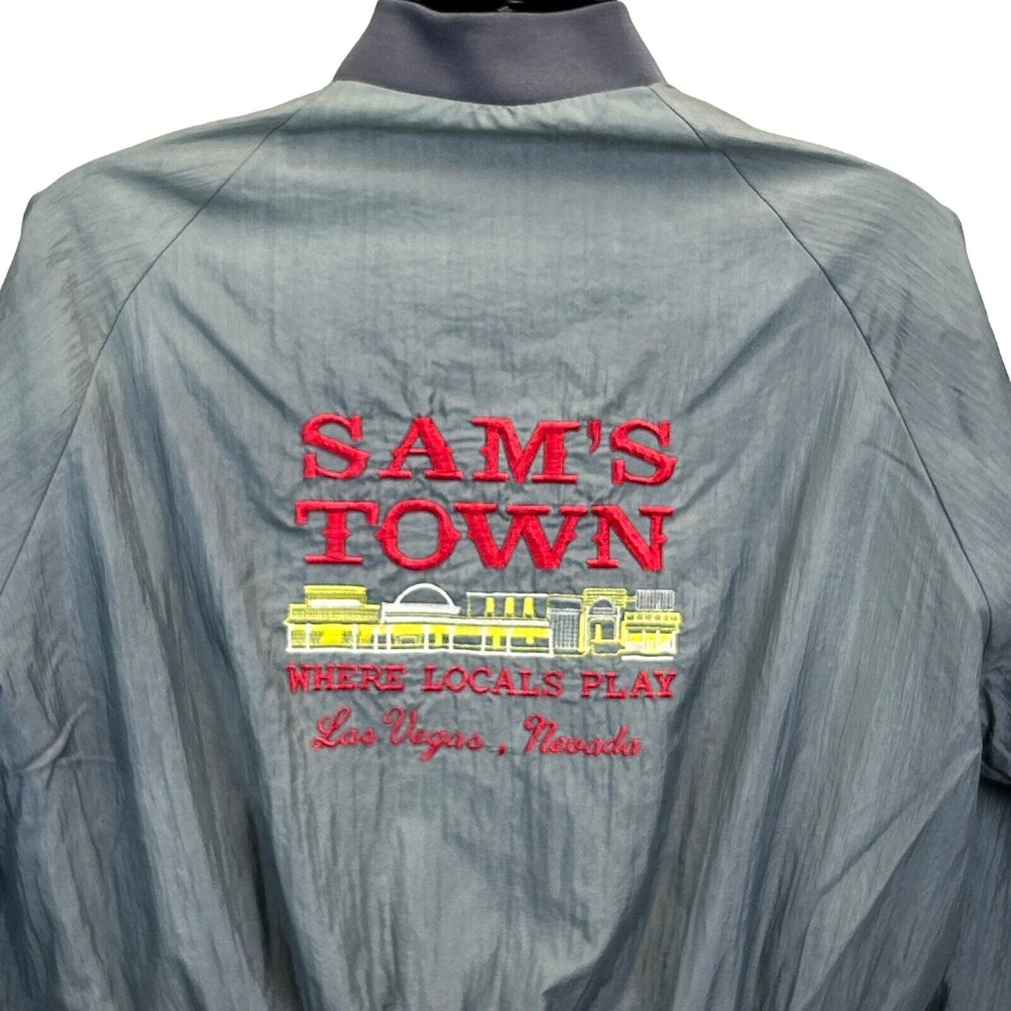 Vintage Sams Town Casino Satin Bomber Jacket Mens Medium Las Vegas Gambling Gray