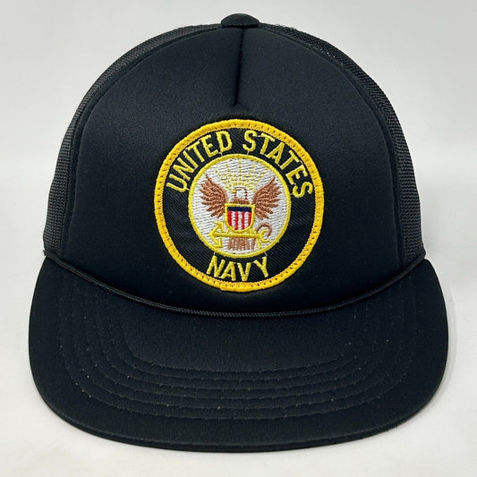 Vintage 90s US Navy Patch Trucker Hat Baseball Cap USN Military Snapback Black