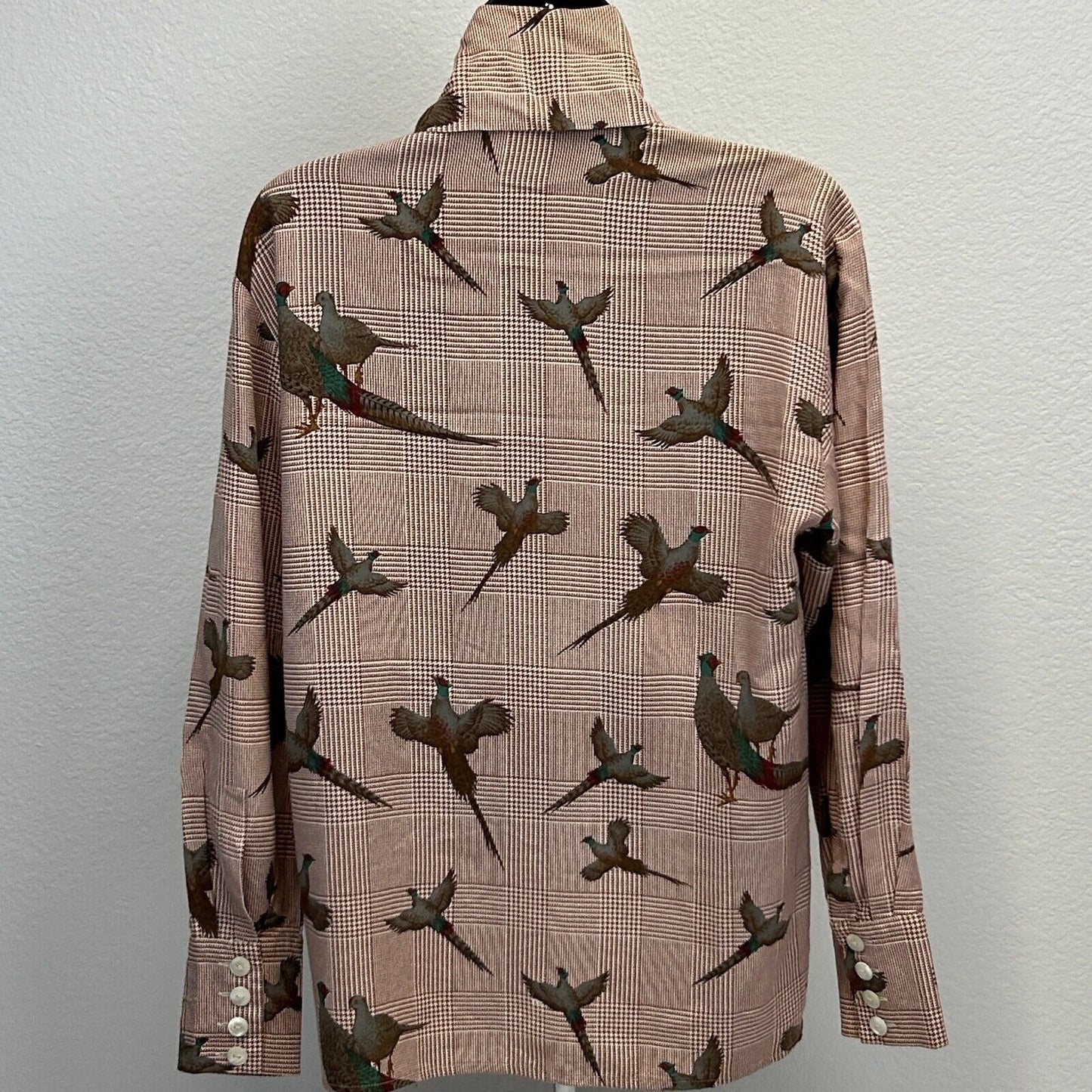 Vintage Etienne Aigner Button Front Shirt Womens Small Pheasants Tie Neck Red