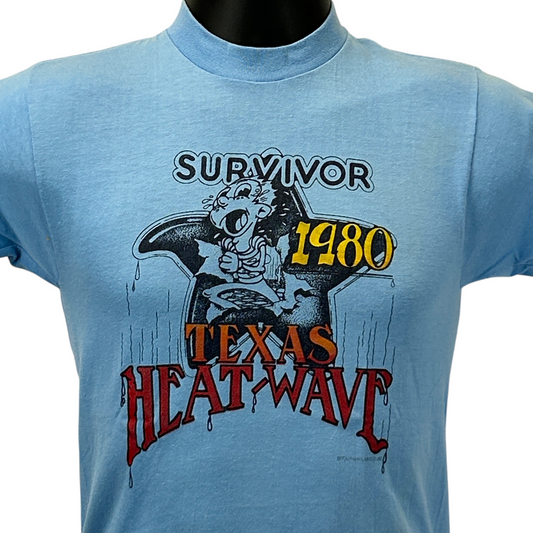 Camiseta vintage Survivor Texas Heat Wave, talla extra pequeña, años 80, clima cálido, para hombre, azul