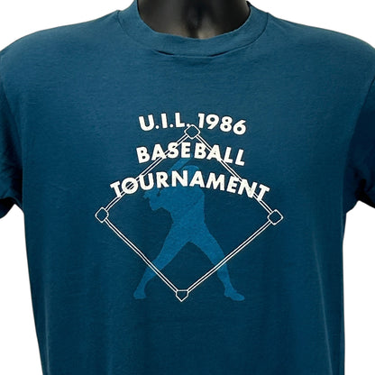 Camiseta vintage del torneo de béisbol UIL, talla mediana, 1986, Texas, años 80, fabricada en EE. UU., para hombre, azul