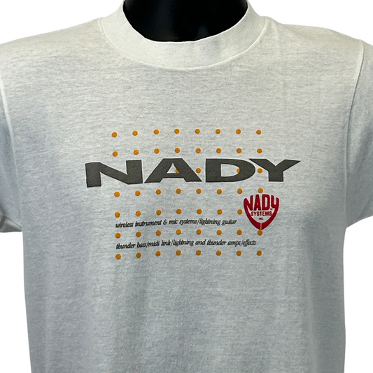 Camiseta vintage NADY Systems con amplificador de bajo y micrófono, años 80, para hombre, color blanco