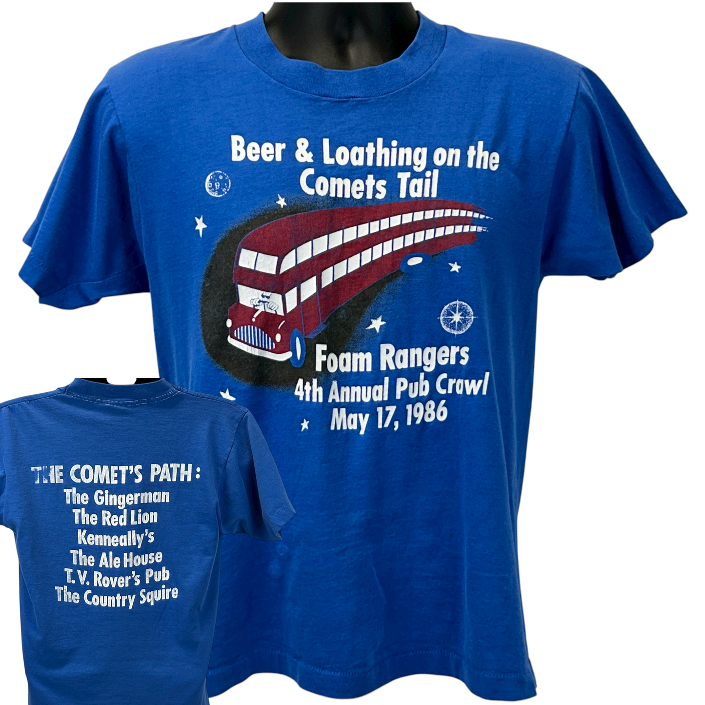Vintage 80s Houston Pub Crawl T Shirt Beer Foam Rangers Texas USA Blue M Medium