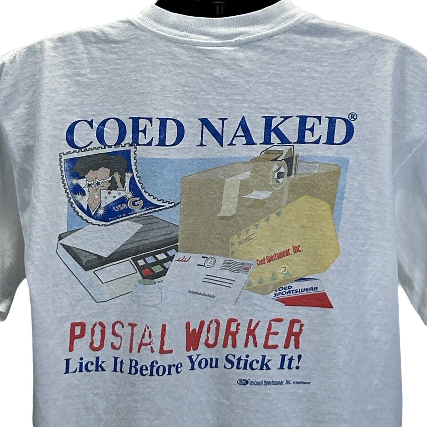 Vintage Coed Naked Postal Worker T Shirt Mens X-Large USPS Postman Mailman White