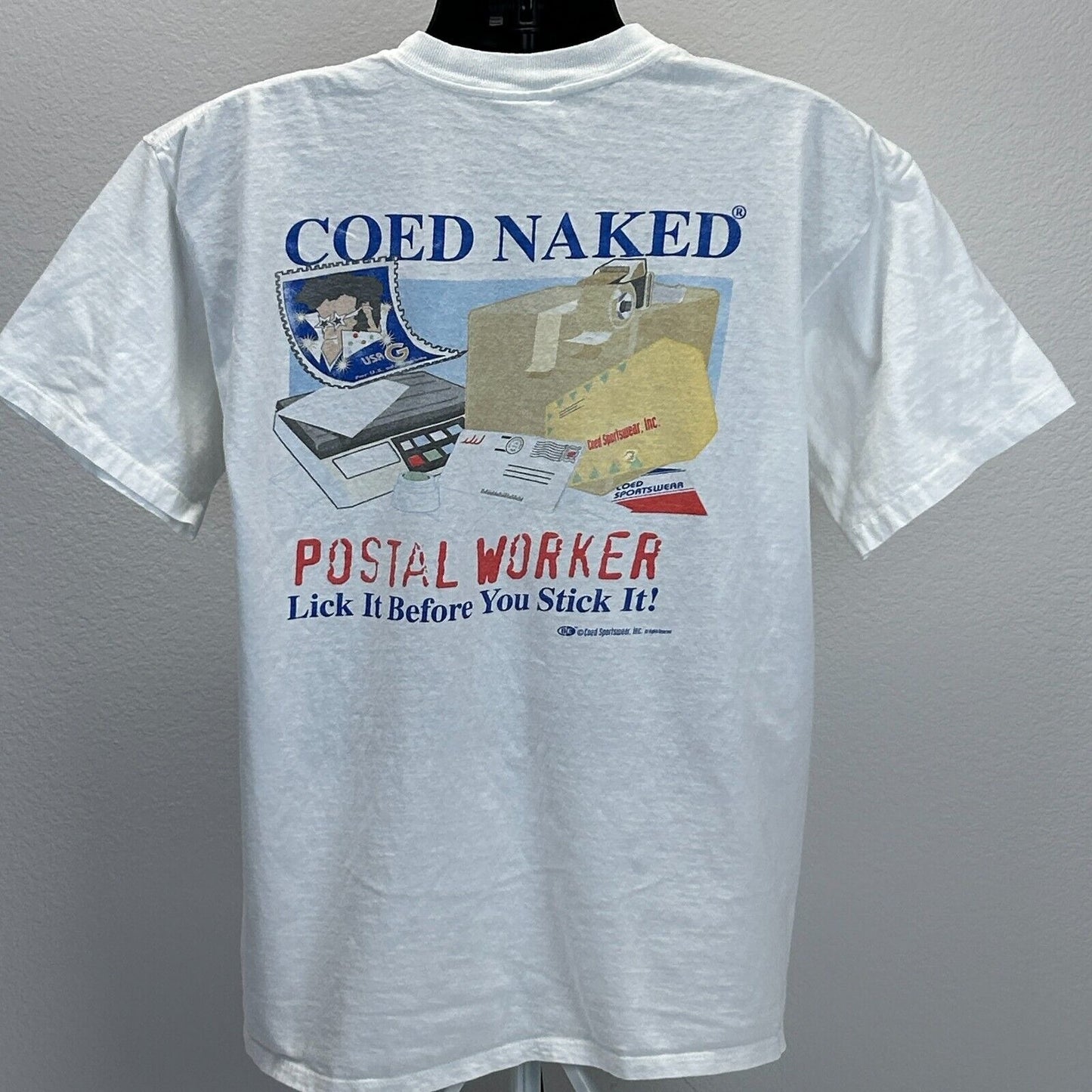 Vintage Coed Naked Postal Worker T Shirt Mens X-Large USPS Postman Mailman White