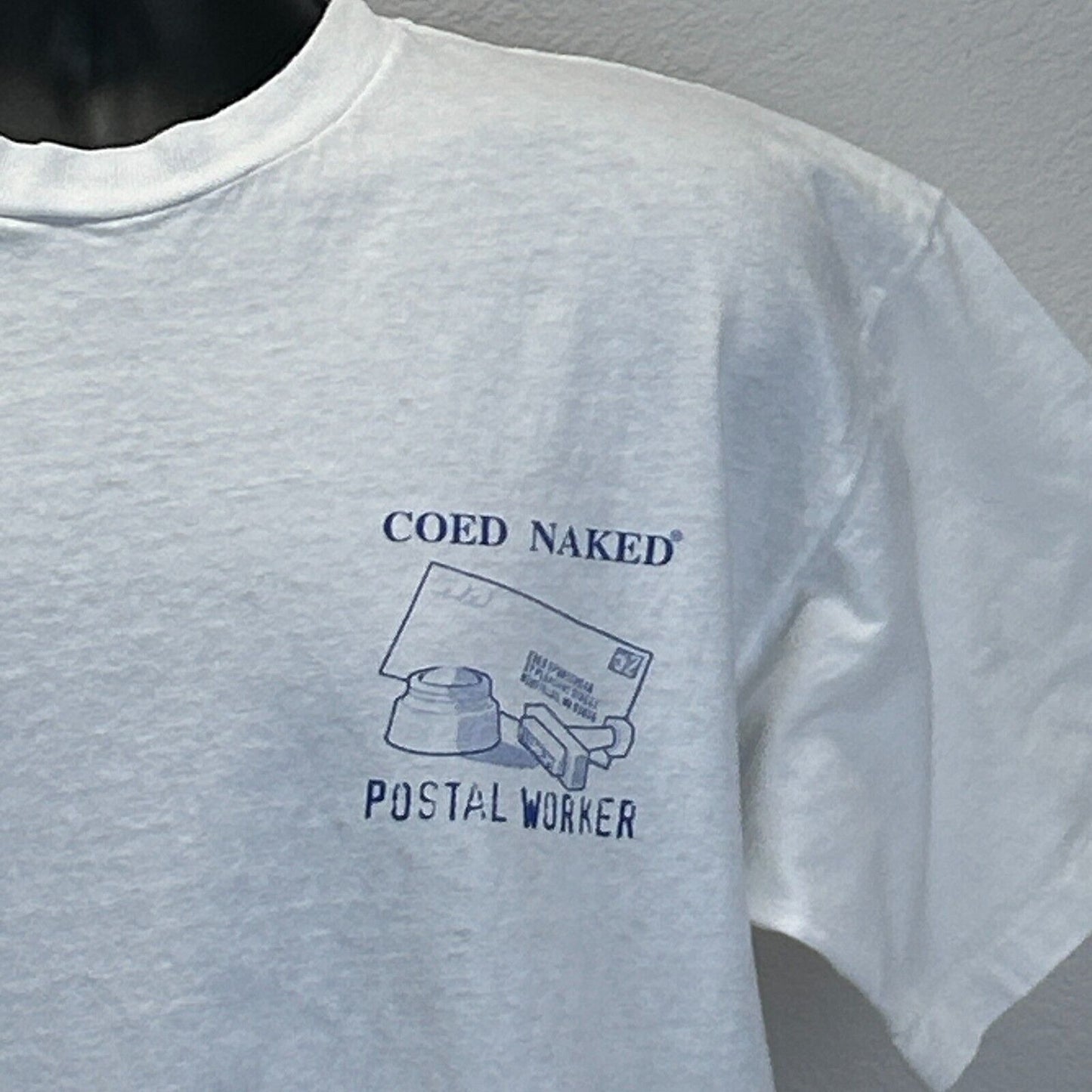 Vintage Coed Naked Postal Worker T Shirt Mens X-Large USPS Postman Mailman White