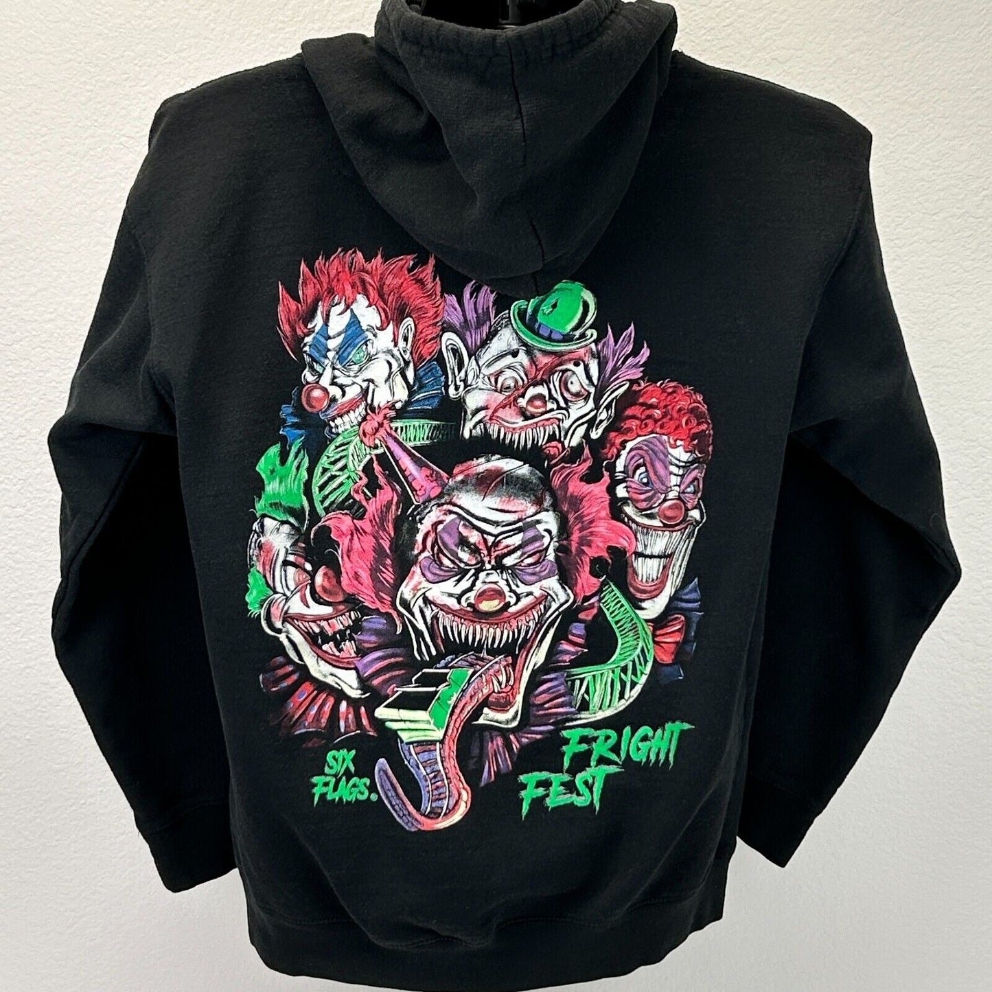 Six Flags Fright Fest Hoodie Mens Medium Scary Clowns Halloween Horror Black