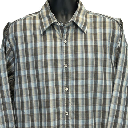 Tommy Bahama Plaid Button Front Shirt Mens XL X-Large Indigo Palms LS Beige Blue