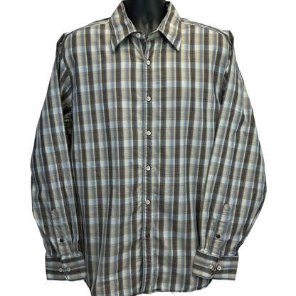 Tommy Bahama Plaid Button Front Shirt Mens XL X-Large Indigo Palms LS Beige Blue