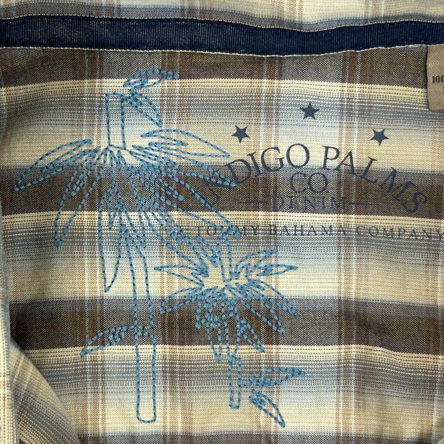 Tommy Bahama Plaid Button Front Shirt Mens XL X-Large Indigo Palms LS Beige Blue