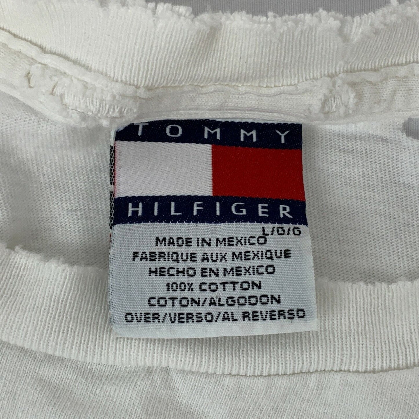 复古做旧 Tommy Hilfiger T 恤 男式 大号国旗徽标 90 年代 T 恤 白色