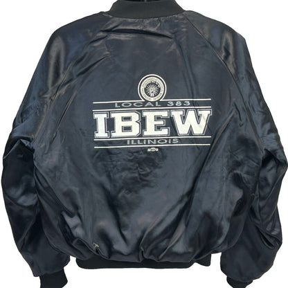 Vintage IBEW Local 383 Satin Jacket Mens XXL Glen Ellyn Illinois Union USA Black