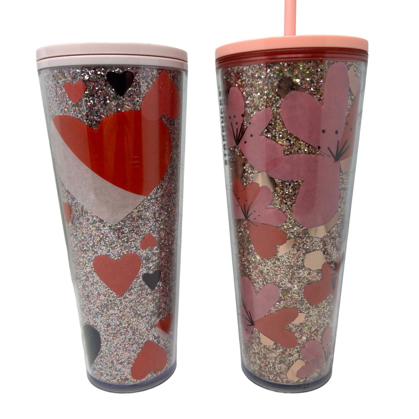 Lot of 2 Starbucks 24 oz Valentines Day Tumblers Glitter Hearts Flowers Holiday