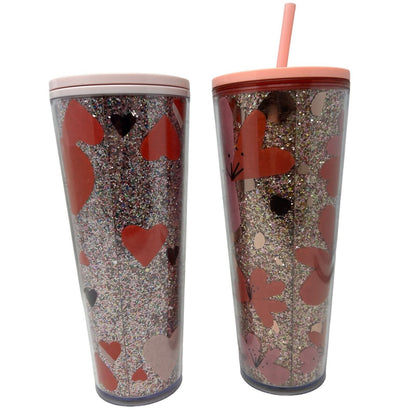 Lot of 2 Starbucks 24 oz Valentines Day Tumblers Glitter Hearts Flowers Holiday