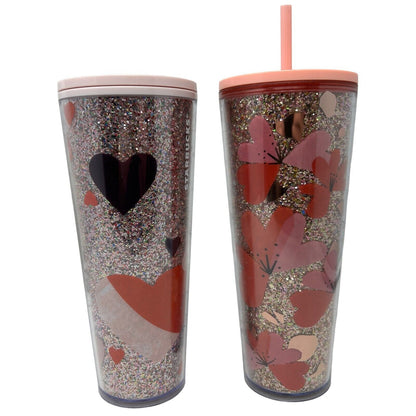 Lot of 2 Starbucks 24 oz Valentines Day Tumblers Glitter Hearts Flowers Holiday