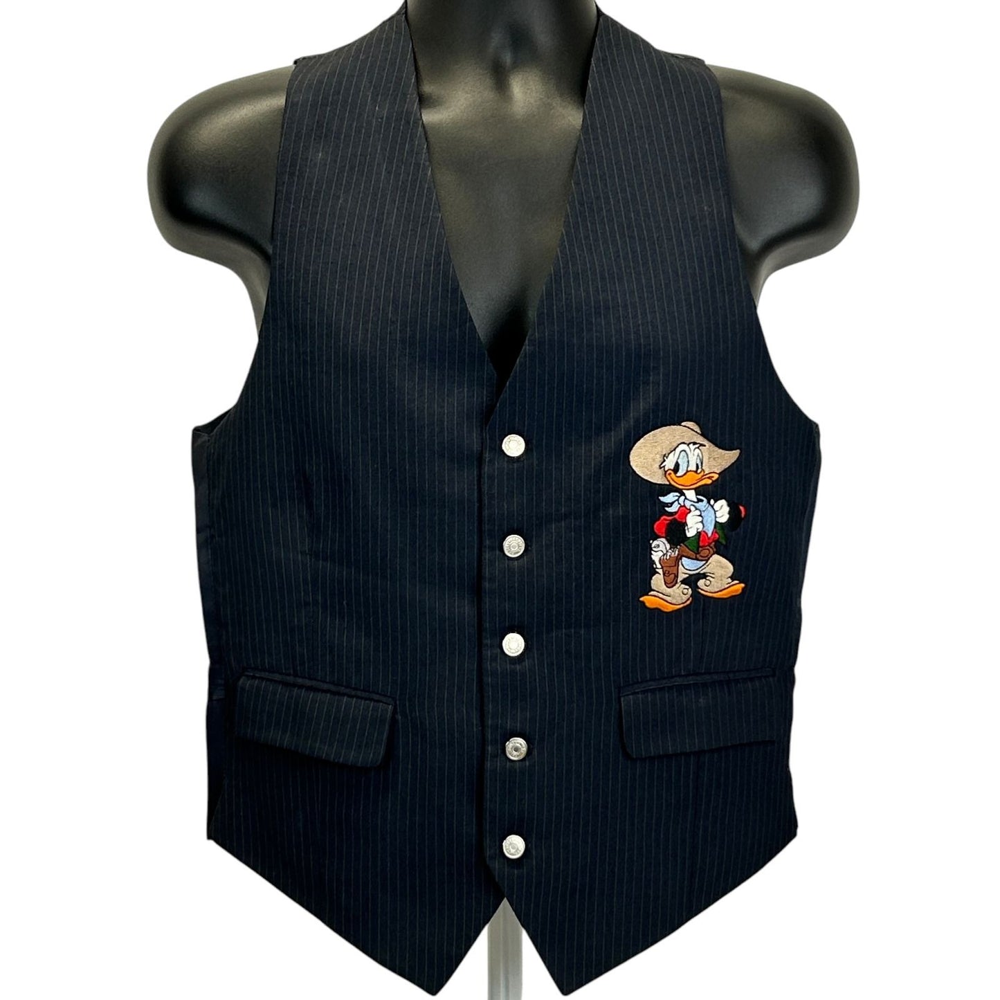 Vintage Walt Disney Donald Duck Vest Mens 36 Cowboy Too Cute 90s Pinstriped Blue