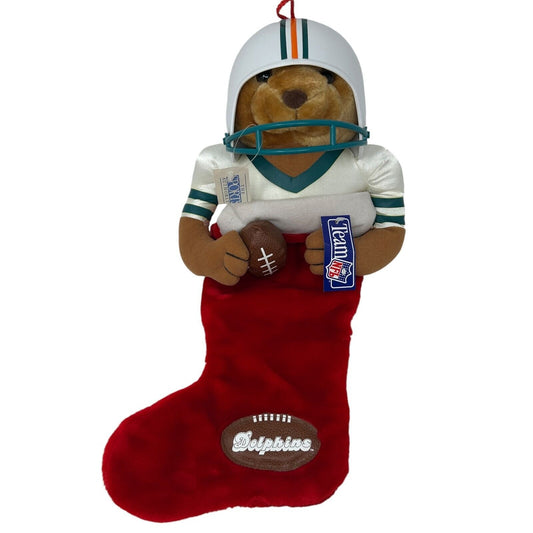 Vintage Miami Dolphins Plush Bear Christmas Stocking Holiday NFL Football 1996