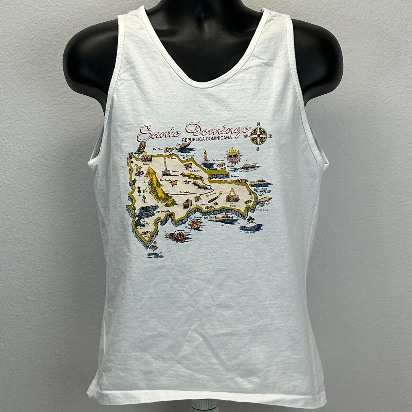 Vintage Santo Domingo Map Tank Top Mens Small Dominican Republic T Shirt White