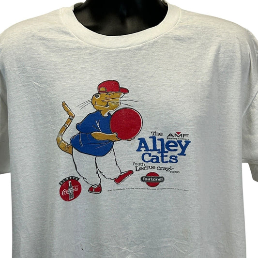 Vintage 90s AMF Coca Cola Bowling T Shirt Bowler Alley Cats USA White L Large