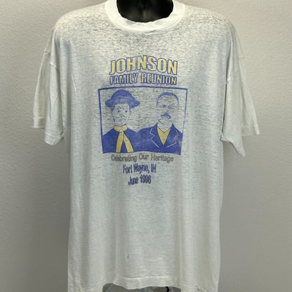 Vintage Distressed Johnson Family Reunion T Shirt Mens X-Large Black 90s White