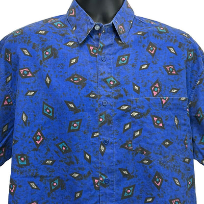 Vintage 90s Geometric Button Front Shirt Mens Large Skater Surfer Surfing Blue